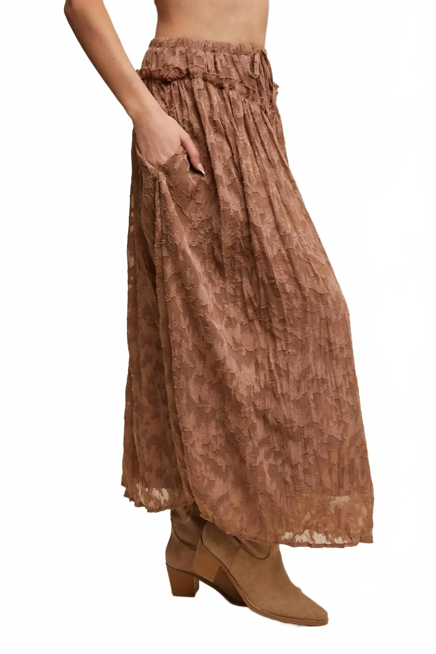 Floral Textured Maxi Skirt In Brown - Image 4