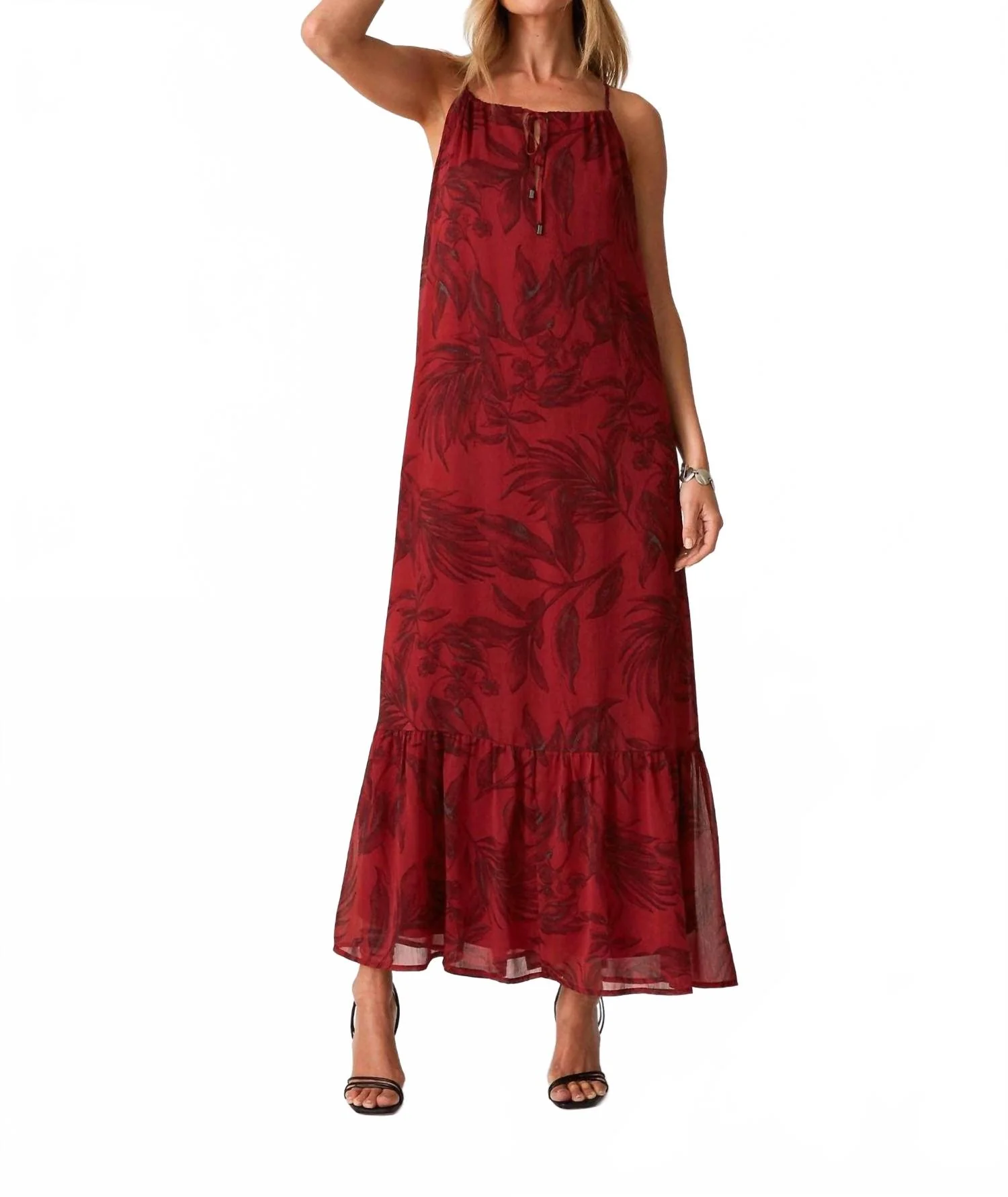 Floral Tie Front Halter Maxi Dress In Wine