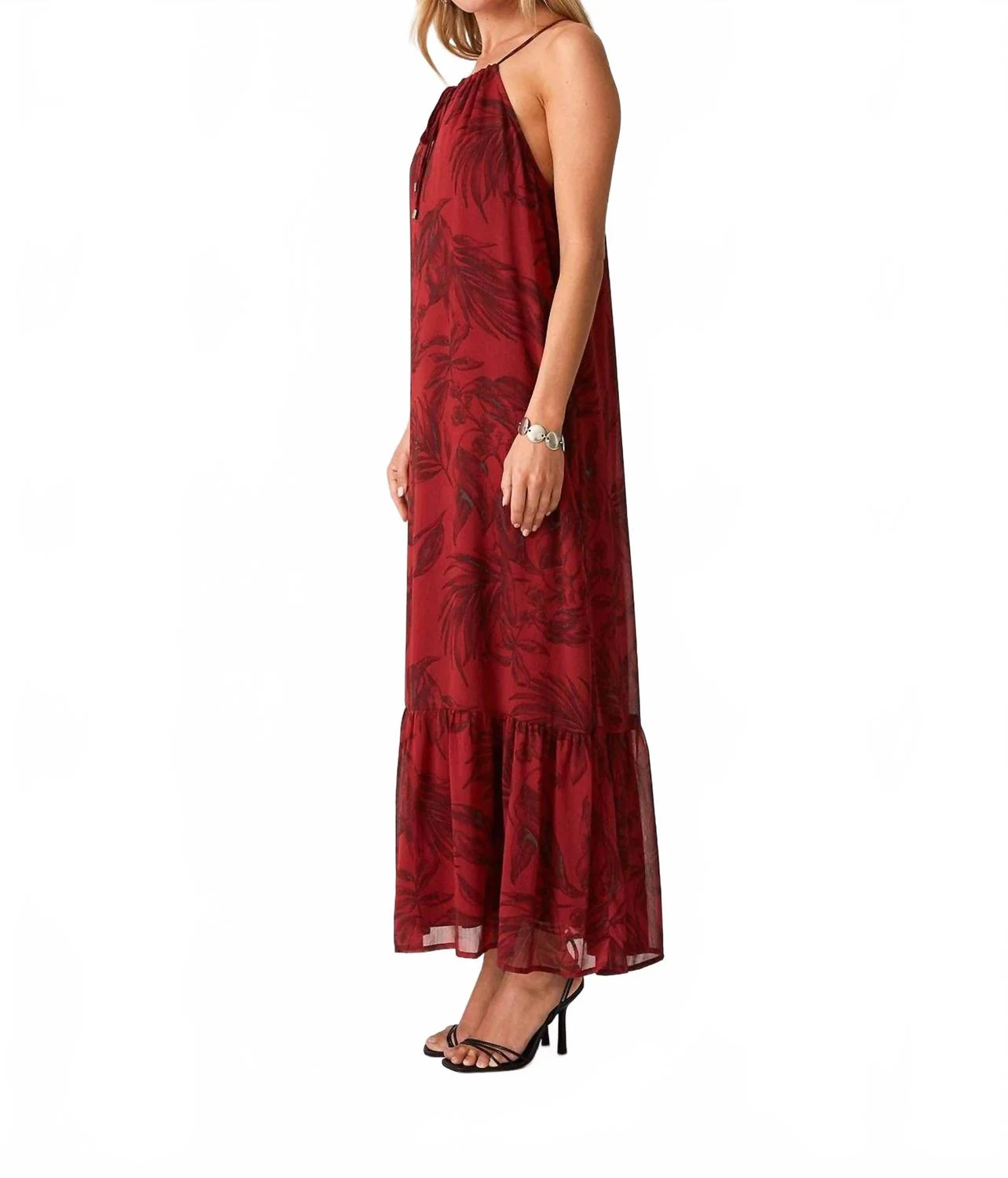 Floral Tie Front Halter Maxi Dress In Wine - Image 4