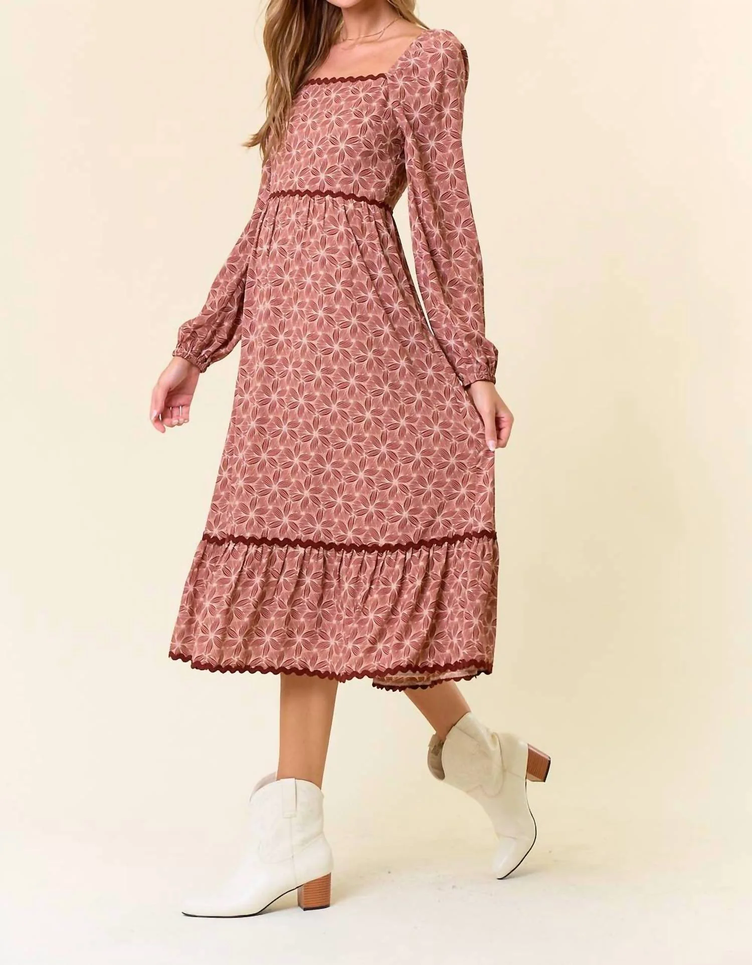 Floral Tiered Midi Dress In Terracotta - Image 4