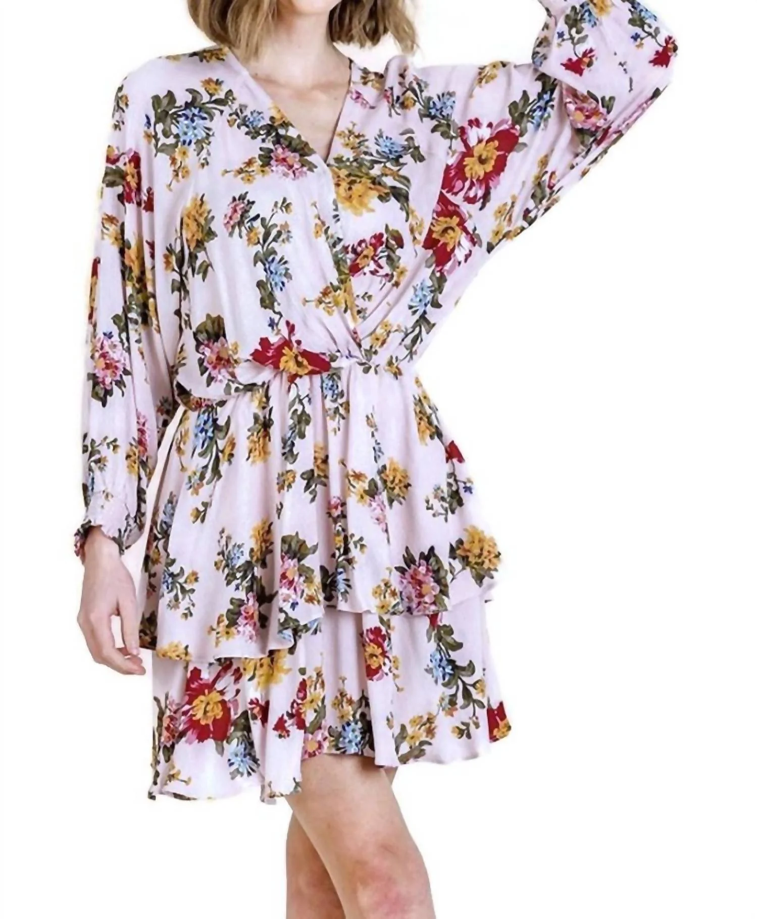 Floral Tiered Ruffle Hem Dress In Blush