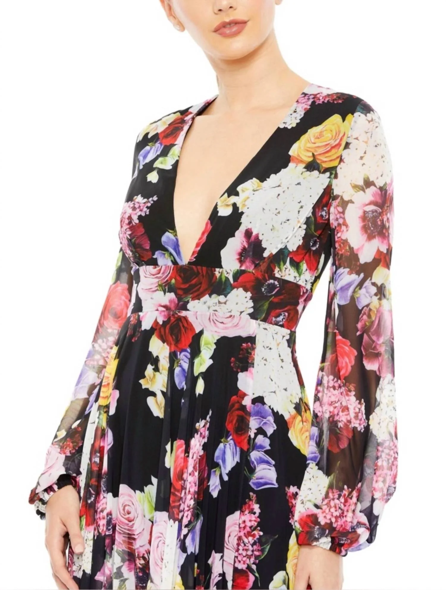 Flowy Chiffon Side Slit Dress In Black Multi Floral - Image 3