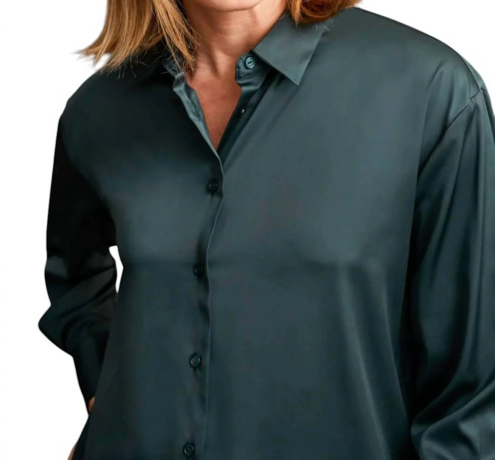 Flowy Satin Button-Up Shirt In Alpine Green - Image 4