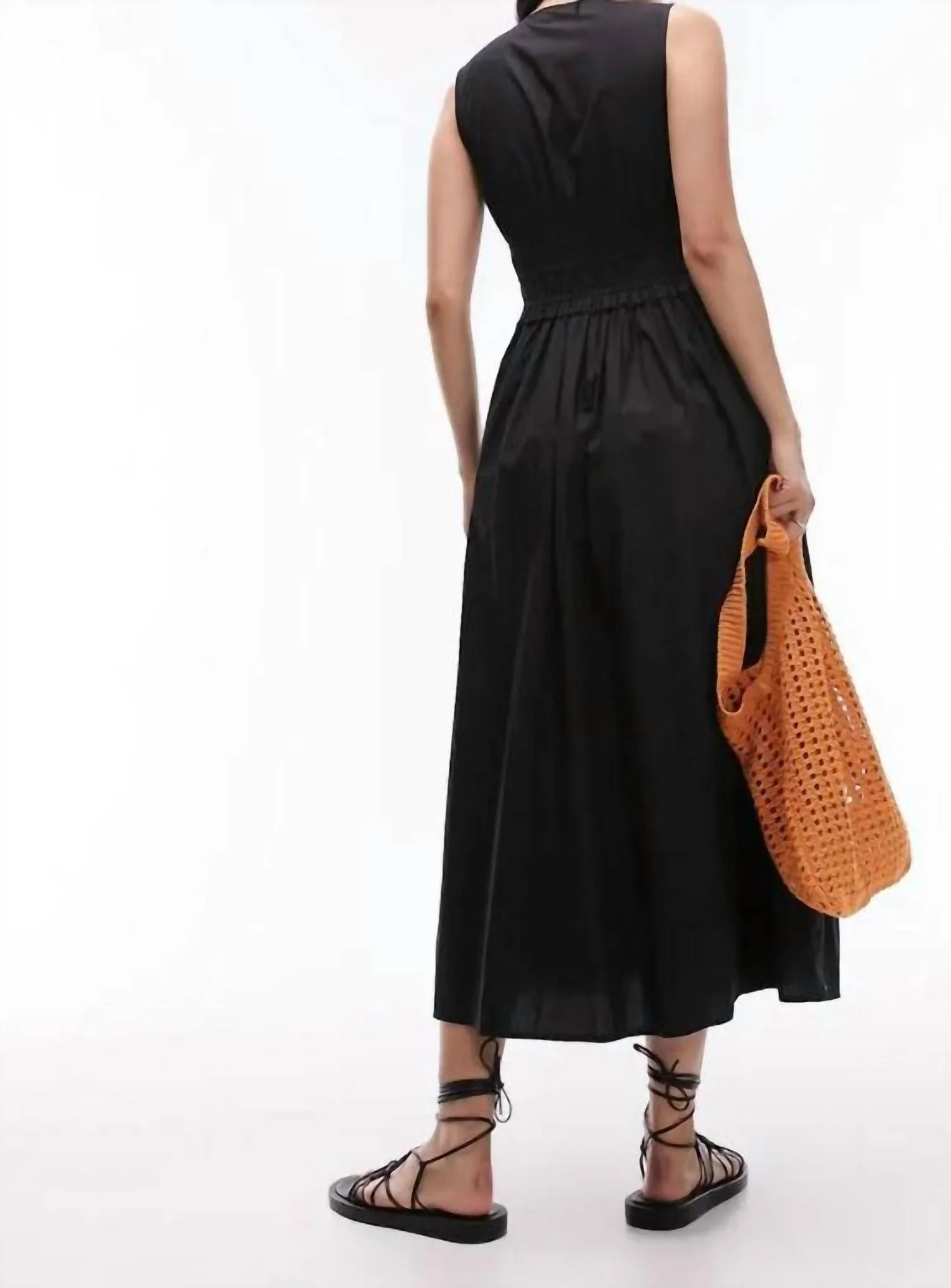 Flowy V Neck Poplin Midi Dress In Black - Image 2