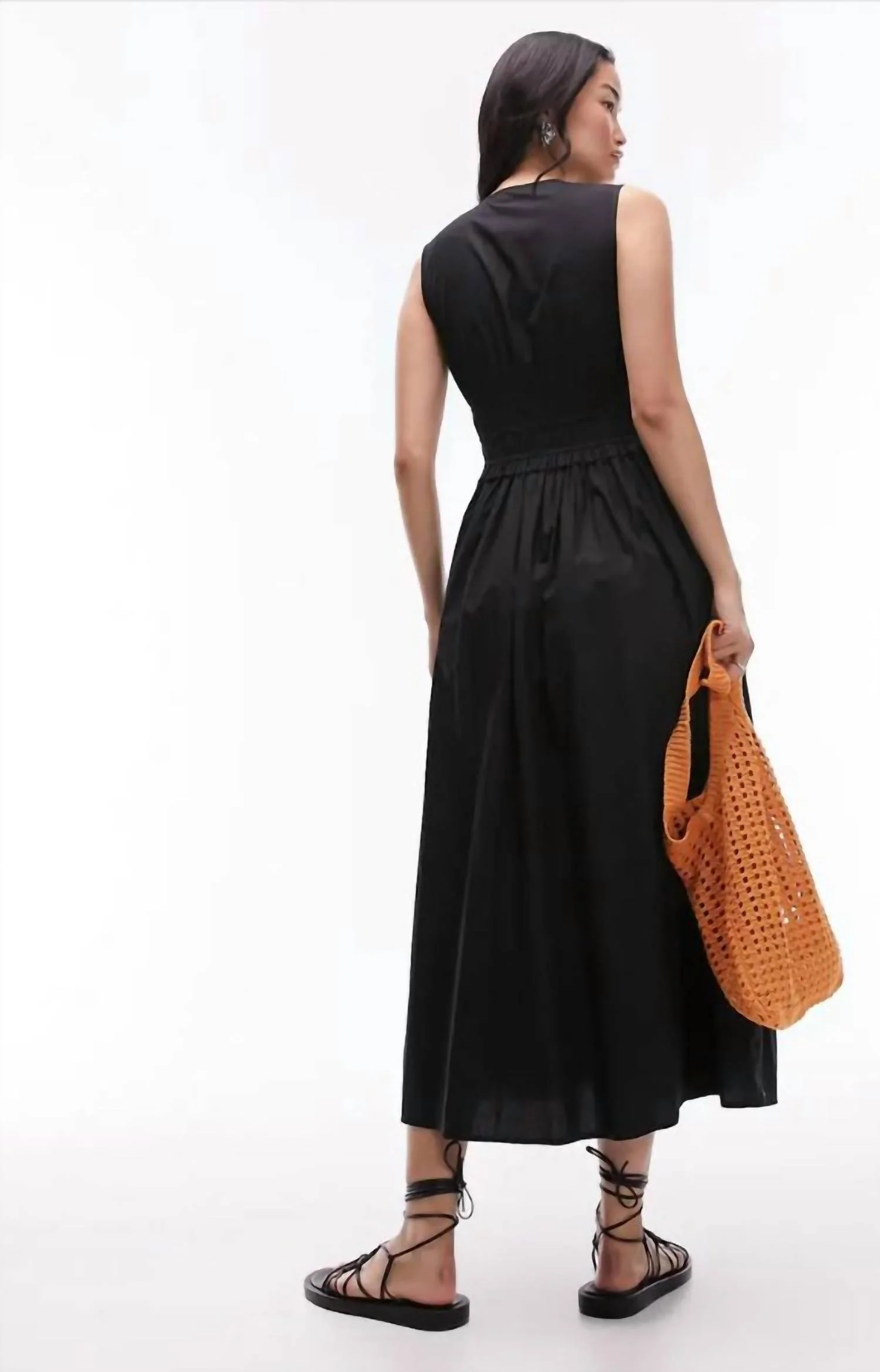 Flowy V Neck Poplin Midi Dress In Black - Image 3