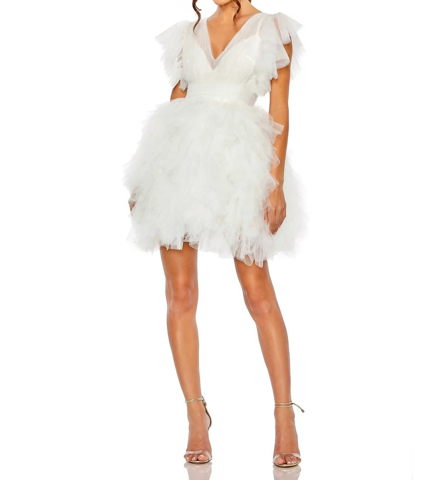 Flutter Ruffle Tiered Tulle Dress In White