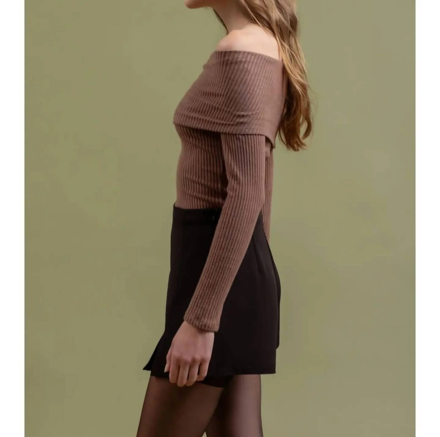 Foldover Off The Shoulder Long Sleeve Top In Mocha - Image 2