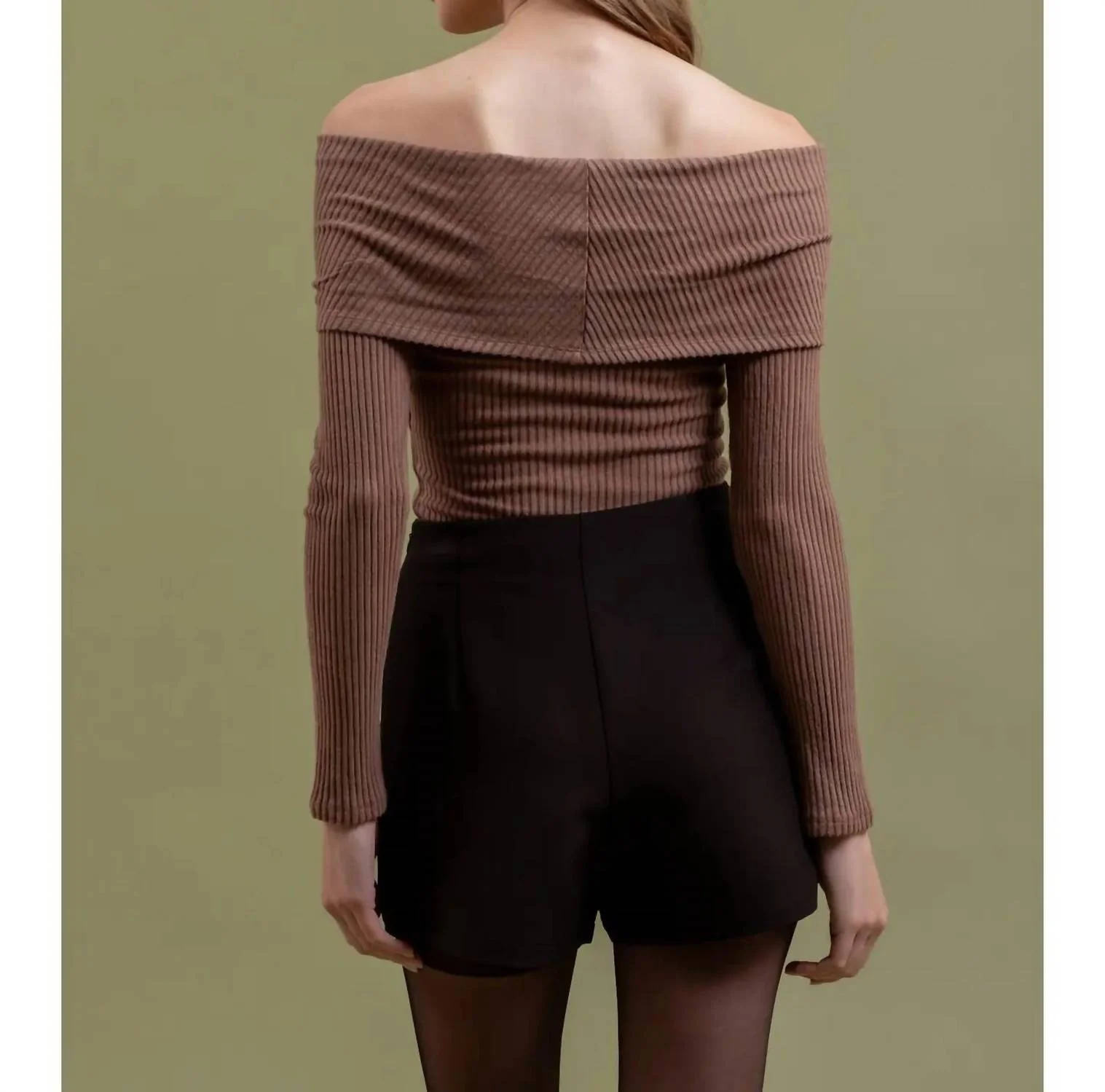 Foldover Off The Shoulder Long Sleeve Top In Mocha - Image 3