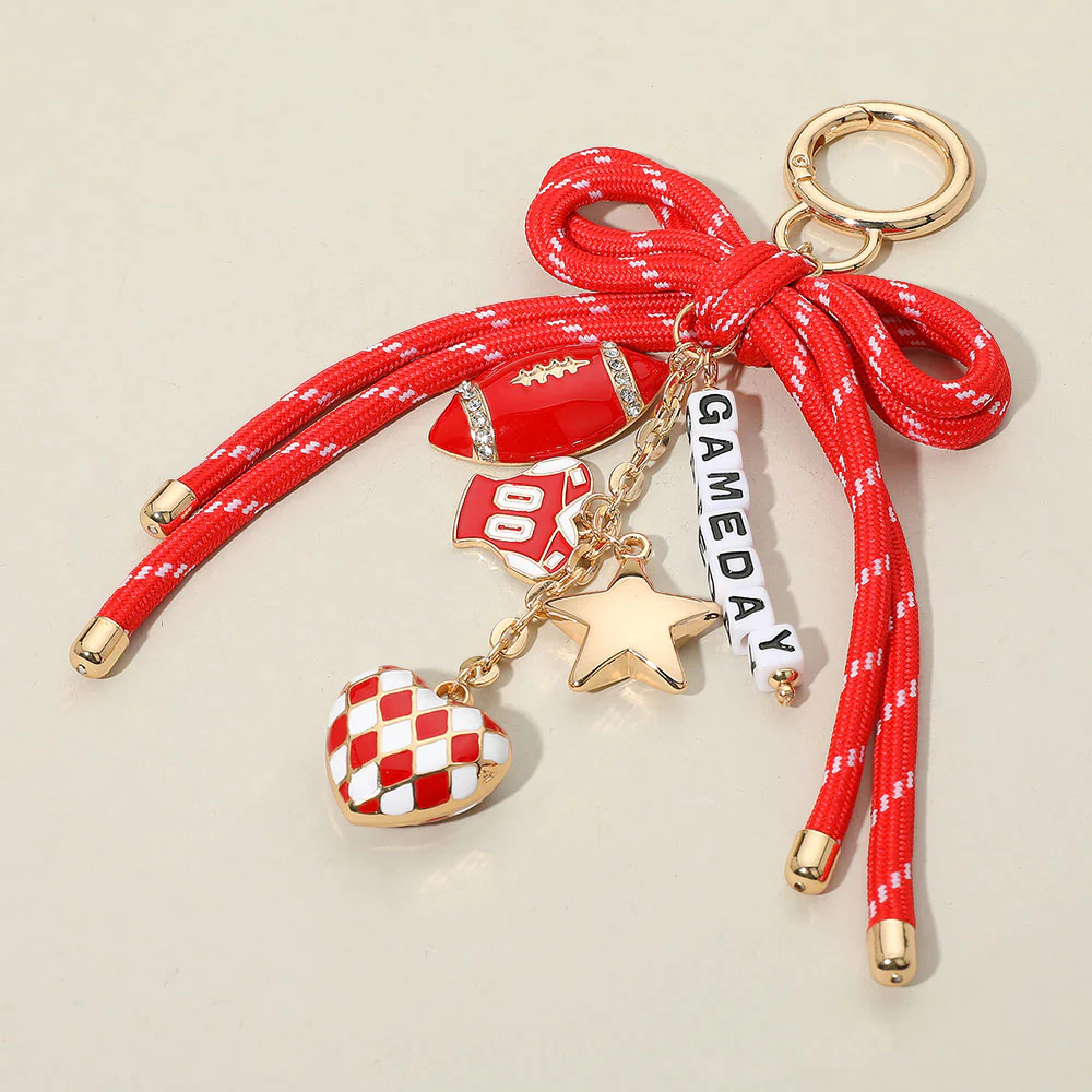 Football Themed Charm GAME DAY Message Beaded Rope Bow Accent Keychain Bag Charm - Image 2