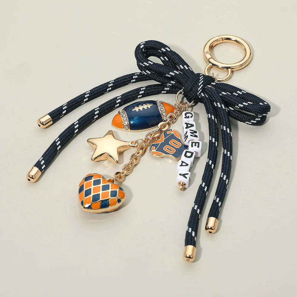 Football Themed Charm GAME DAY Message Beaded Rope Bow Accent Keychain Bag Charm - Image 5