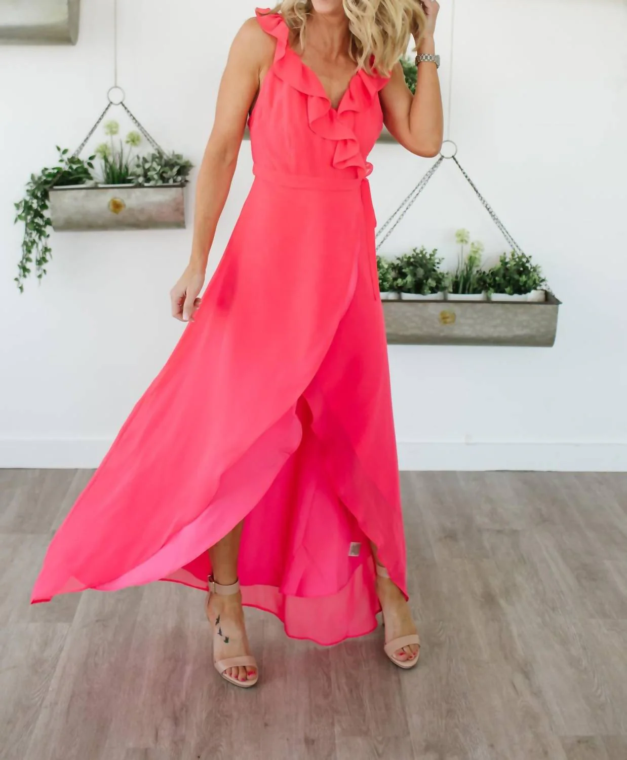 Formation Cross Back Maxi Dress In Hot Pink