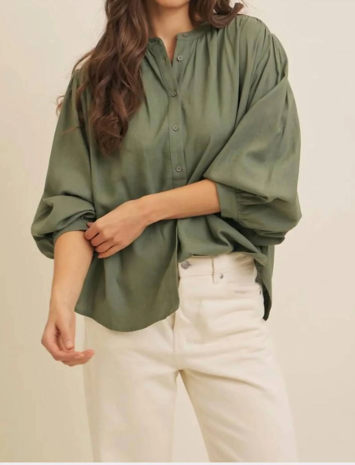 Francine Linen Blend Button Down Blouse In Green