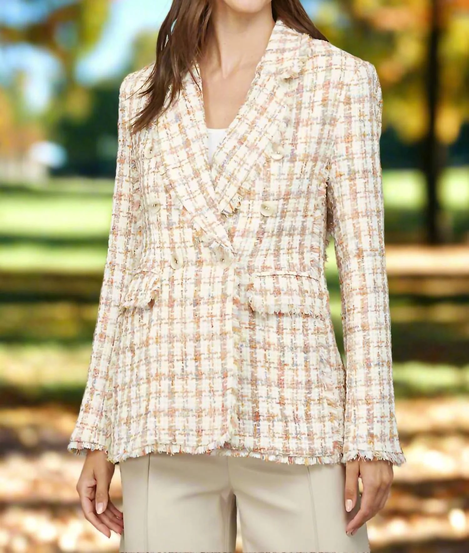 Fray Detail Tweed Blazer In Ivory Multi - Image 4