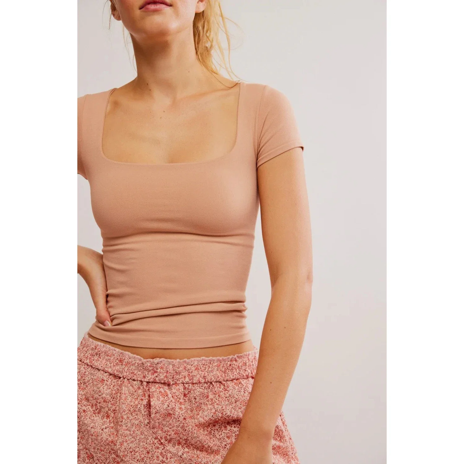 Free People Clean Lines Baby T-Shirt Womens M/L Tuscany Square Neck Boho DDR2429 - Image 4