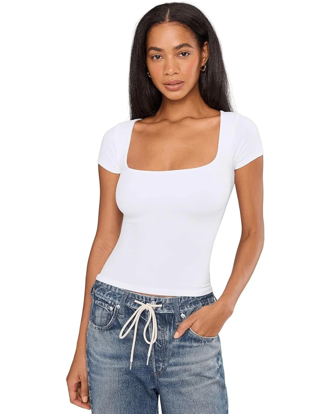 Free People Clean Lines T-Shirt Women's M/L White Seamless Square Neck DDR2493