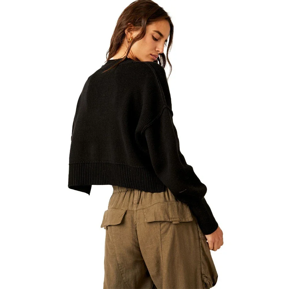 Free People Easy Street Sweater Women's Black Ribbed Knit Cropped GBO1848 - Image 2