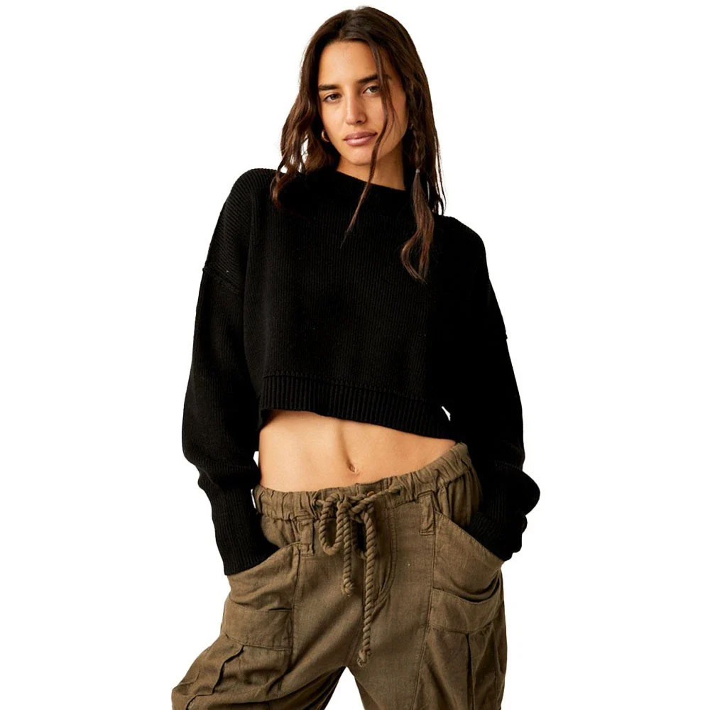 Free People Easy Street Sweater Women's Black Ribbed Knit Cropped GBO1848 - Image 5