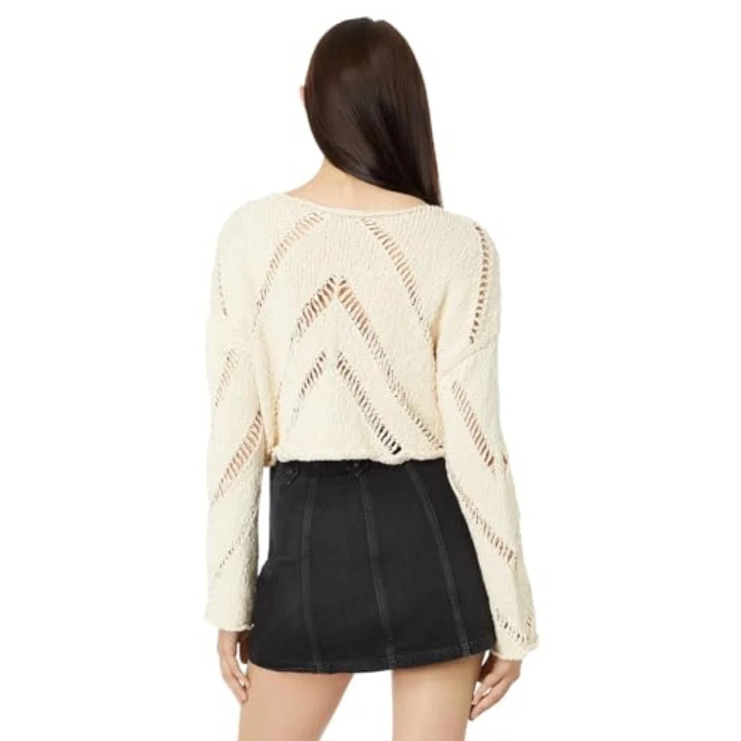 Free People Hayley Sweater Women's Cream Chevron Knit 100% Cotton Cozy DDR2329 - Image 5