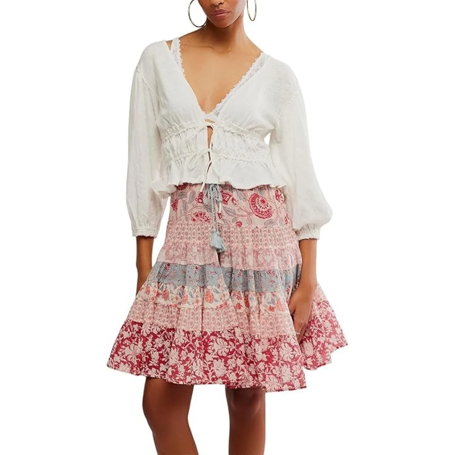 Free People Let's Go Top Womens Ivory Linen Blend Tie Front Blouse DDR2853
