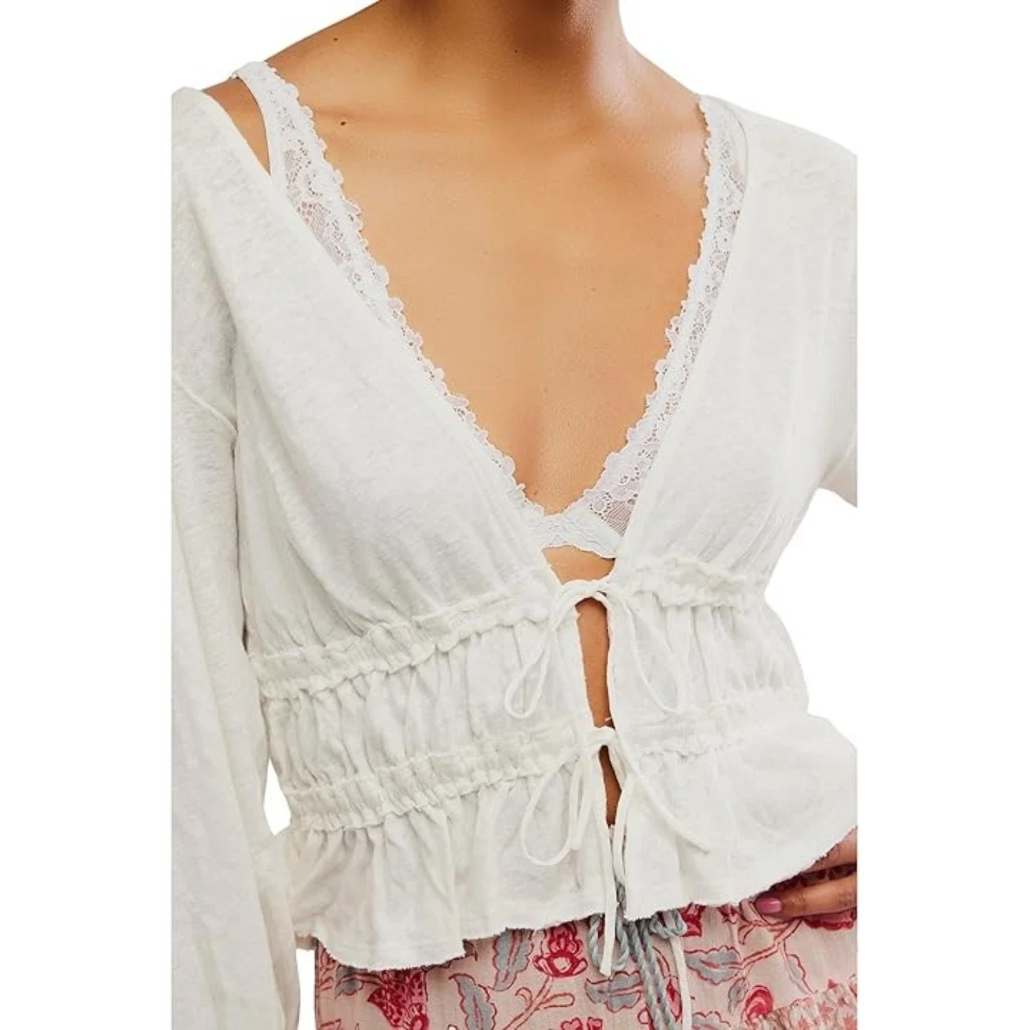 Free People Let's Go Top Womens Ivory Linen Blend Tie Front Blouse DDR2853 - Image 5