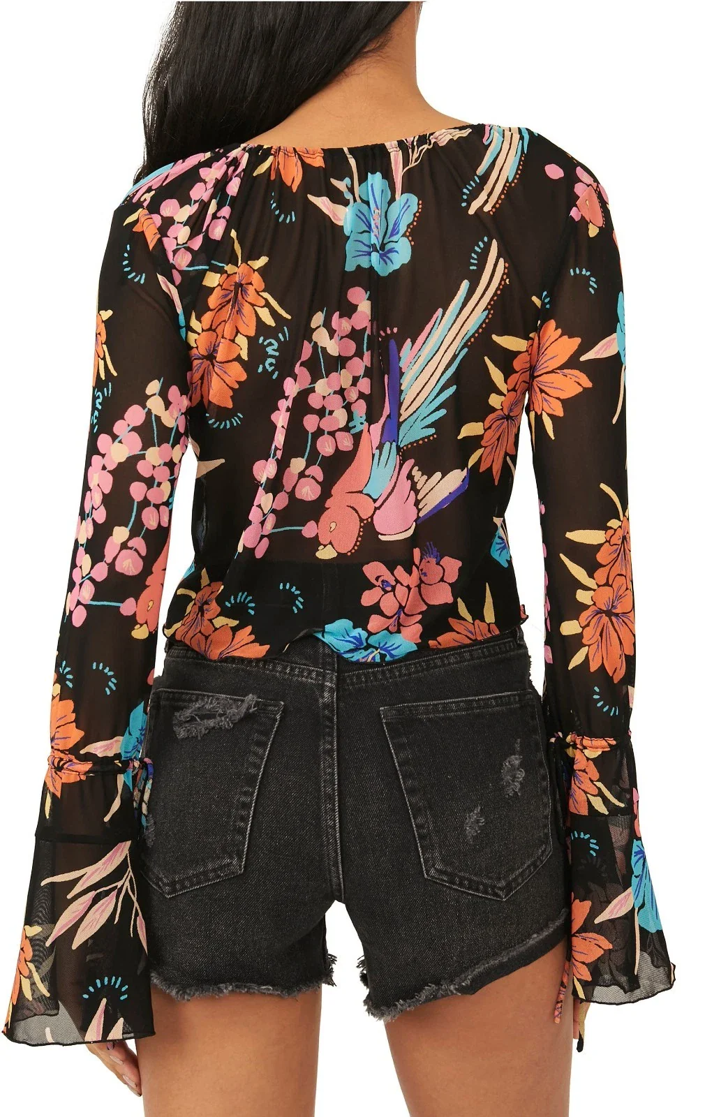 Free People Of Paradise Top Women Black Floral Sheer V-Neck Bell Sleeve JZZ191 - Image 2