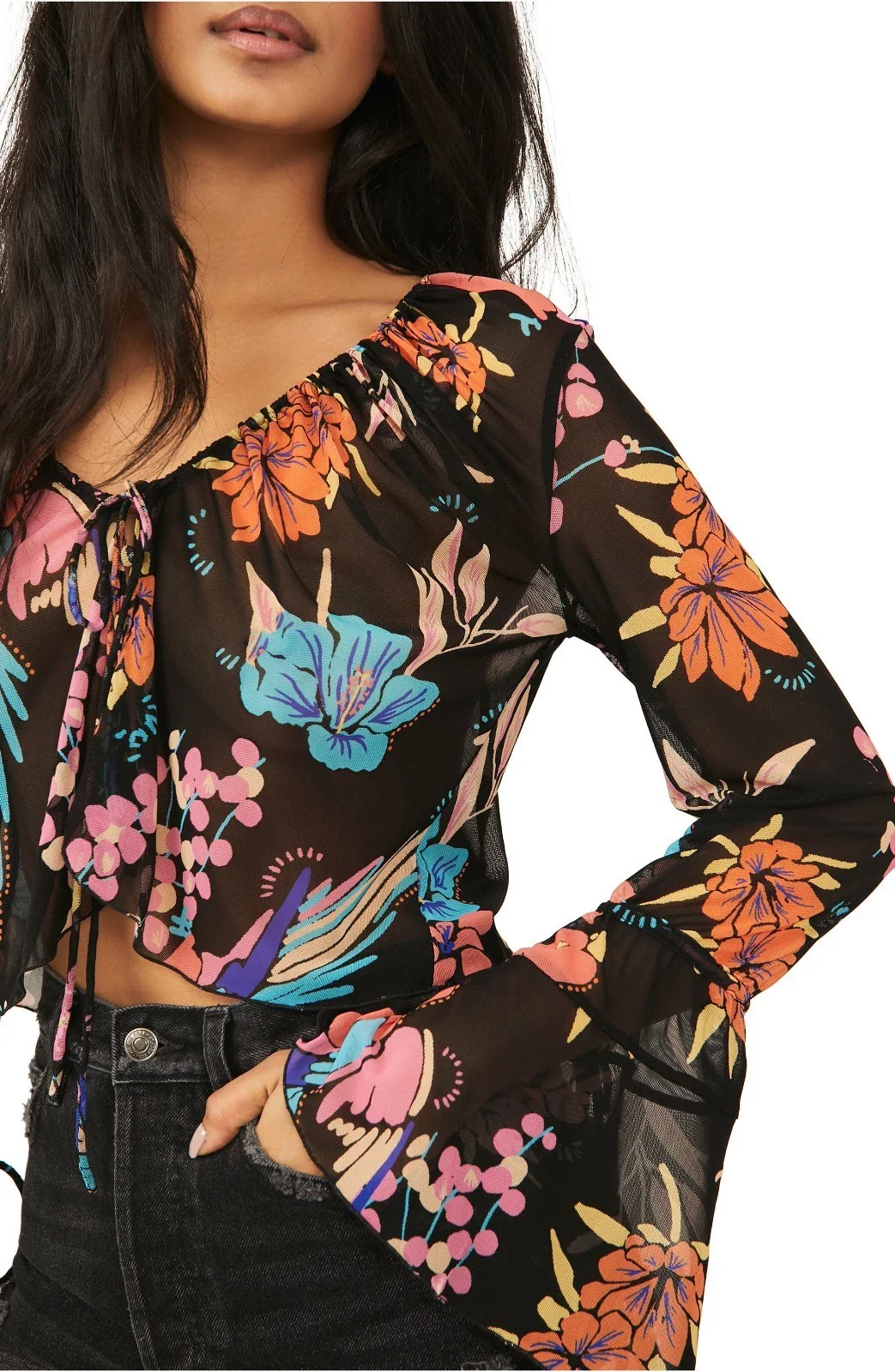 Free People Of Paradise Top Women Black Floral Sheer V-Neck Bell Sleeve JZZ191 - Image 3