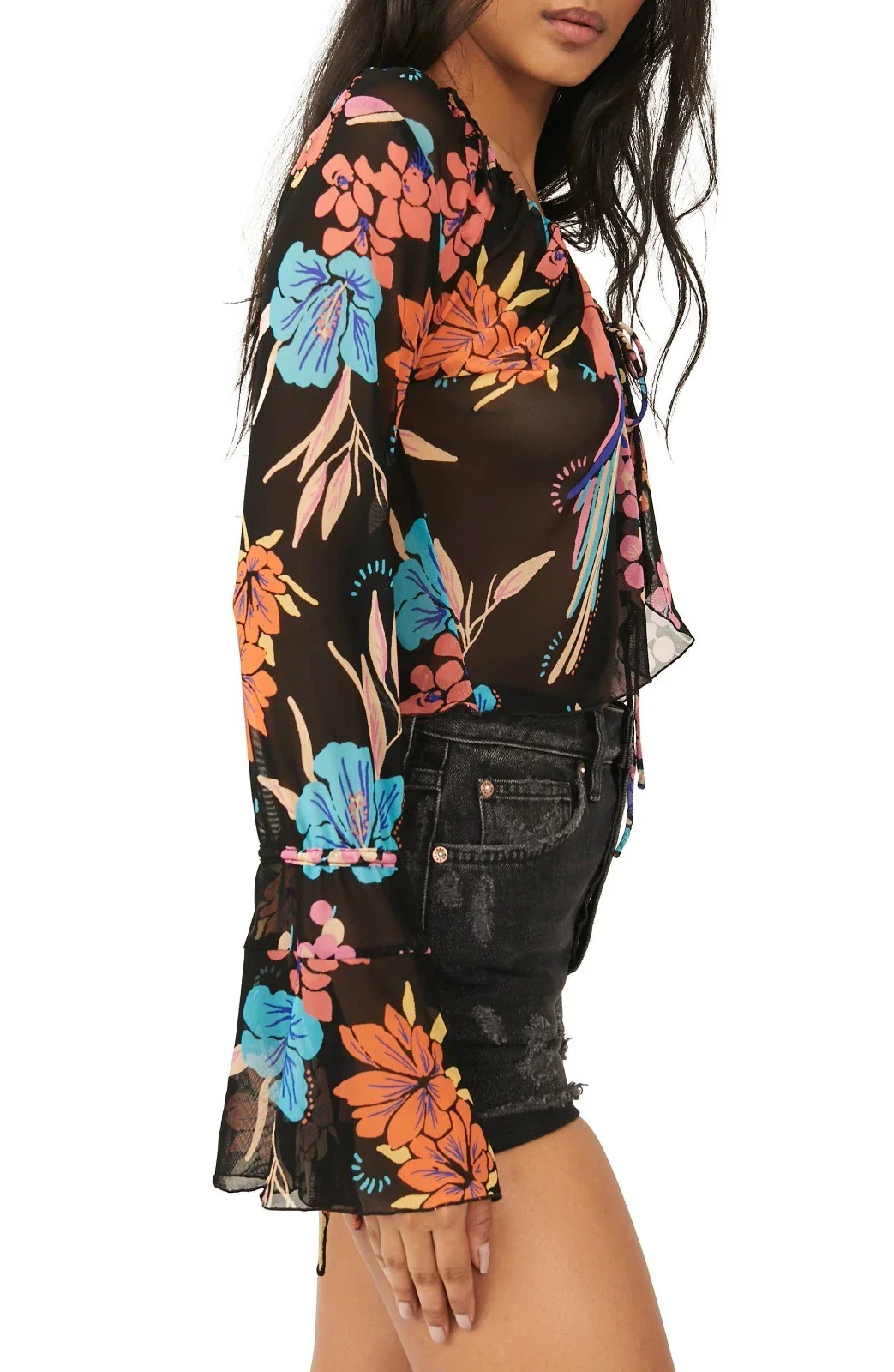 Free People Of Paradise Top Women Black Floral Sheer V-Neck Bell Sleeve JZZ191 - Image 4
