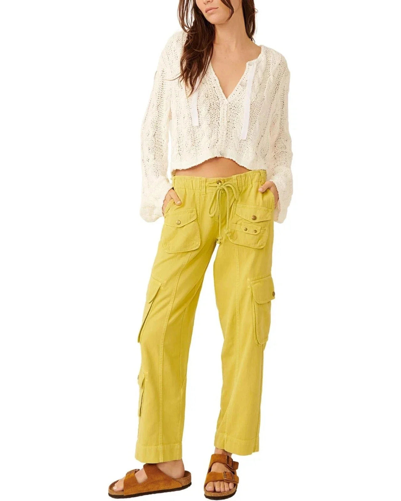 Free People Robyn Cardigan Women's White Open Knit V-Neck Cropped DDR2456 - Image 4