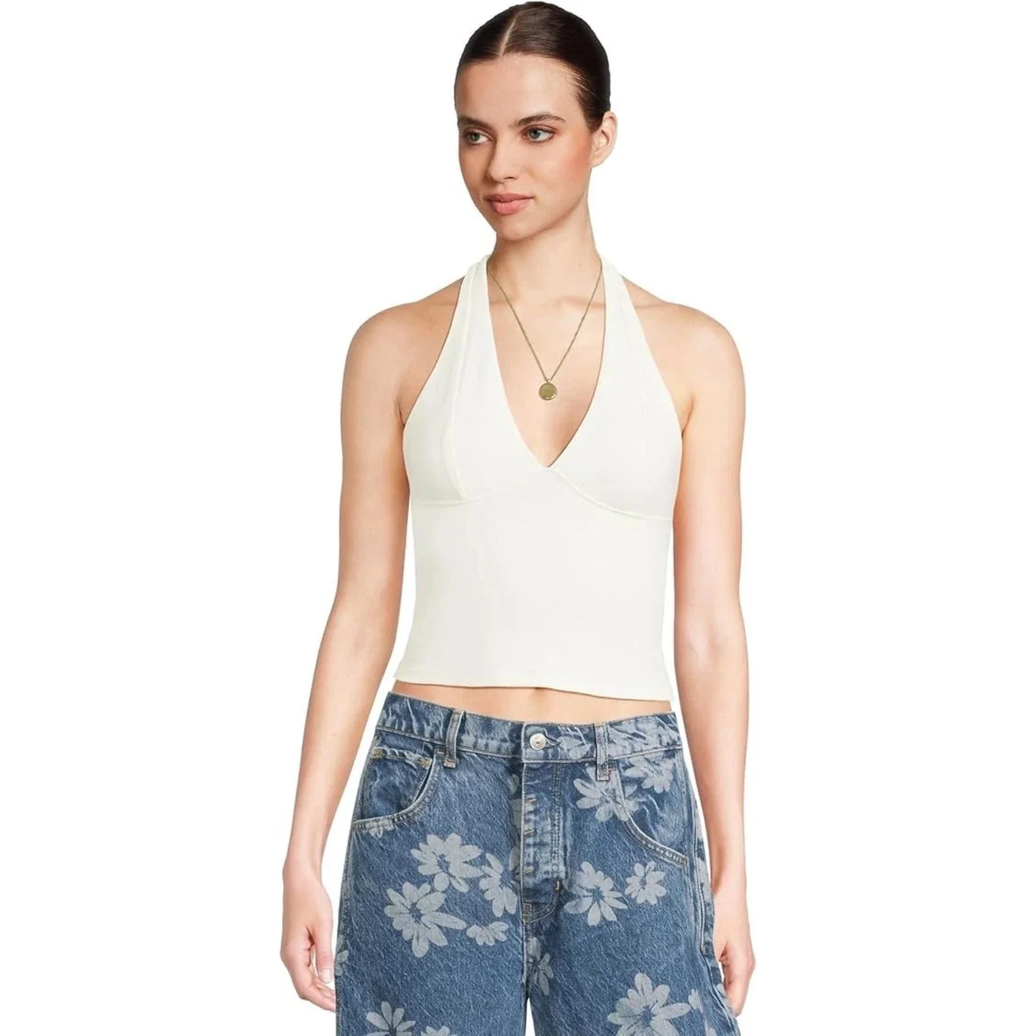 Free People Still Here Top Women Ivory Halter Neck Sleeveless Cropped GBO1800
