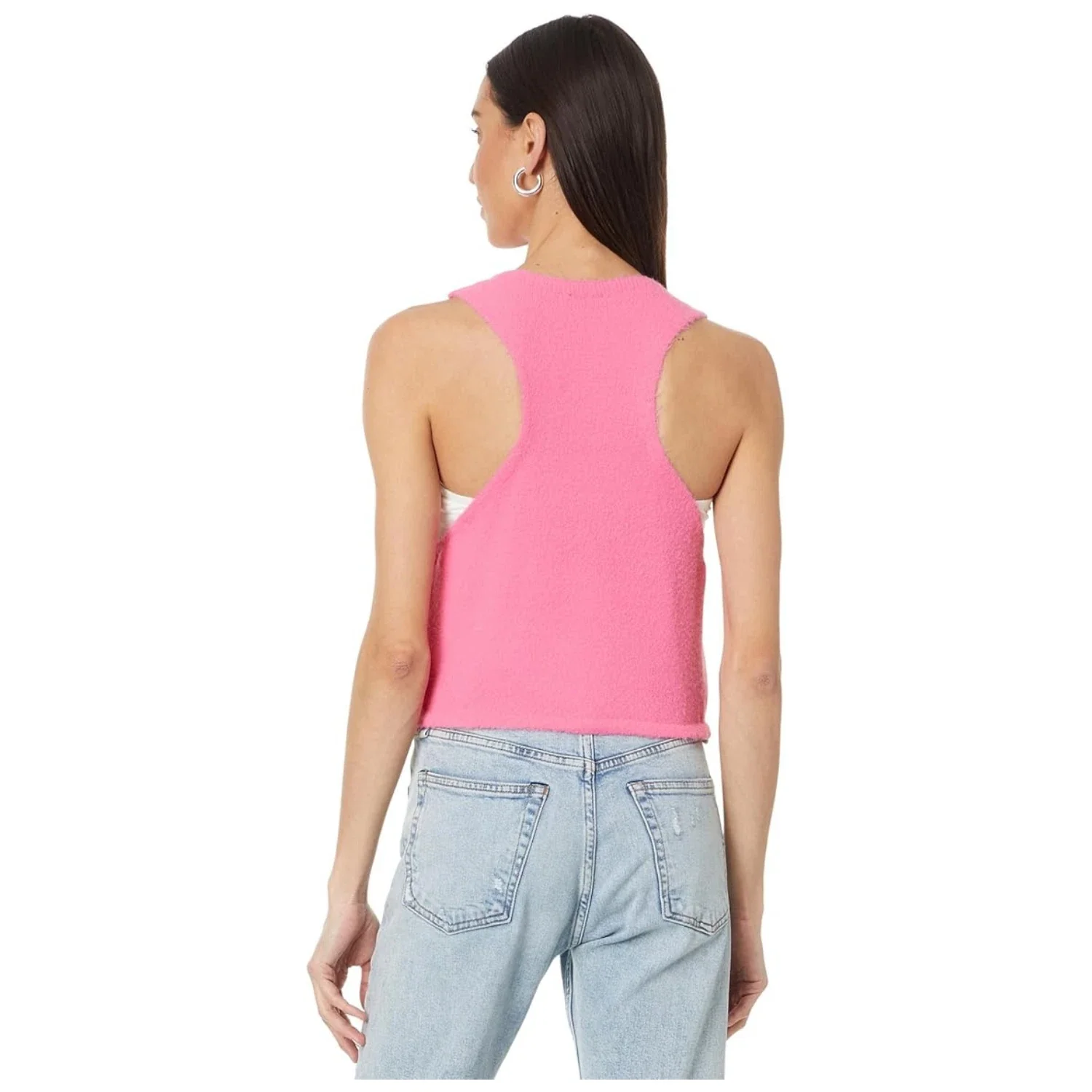 Free People Warm Fluff Crop Top Women's Neon Pink Ribbed Trim Sleeveless DDR2170 - Image 2