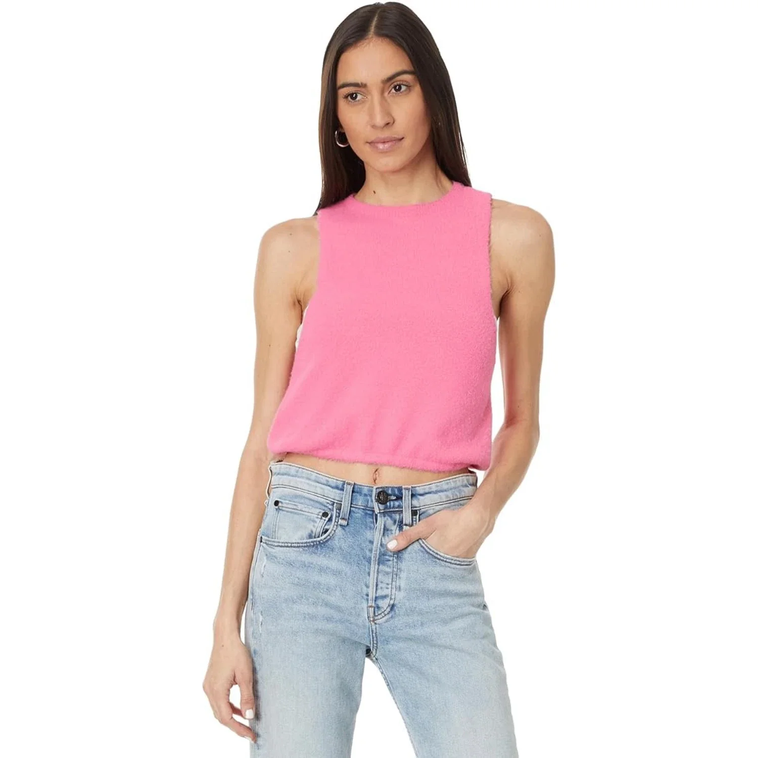 Free People Warm Fluff Crop Top Women's Neon Pink Ribbed Trim Sleeveless DDR2170 - Image 4