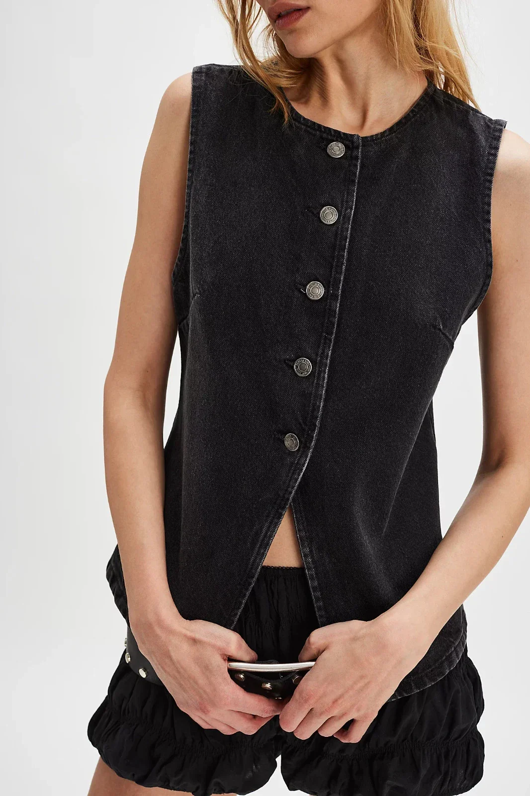Free People We The Free Aimee Vest Womens Black Denim Button Front DDR2637 - Image 2
