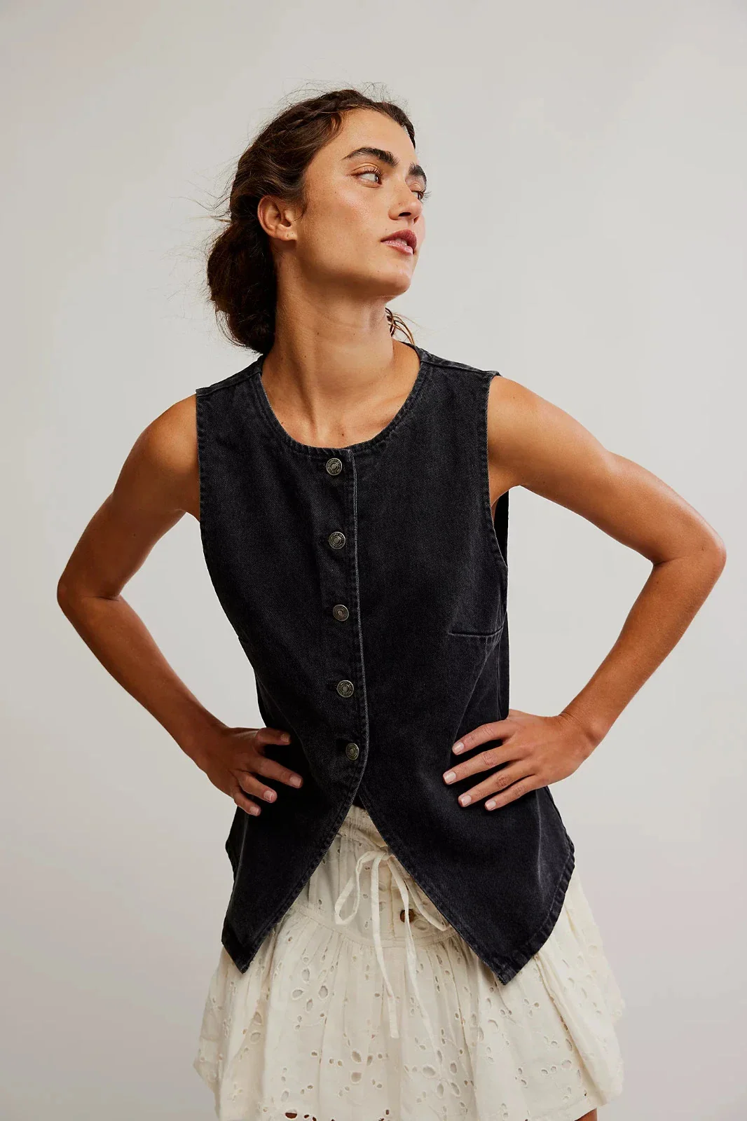 Free People We The Free Aimee Vest Womens Black Denim Button Front DDR2637 - Image 3