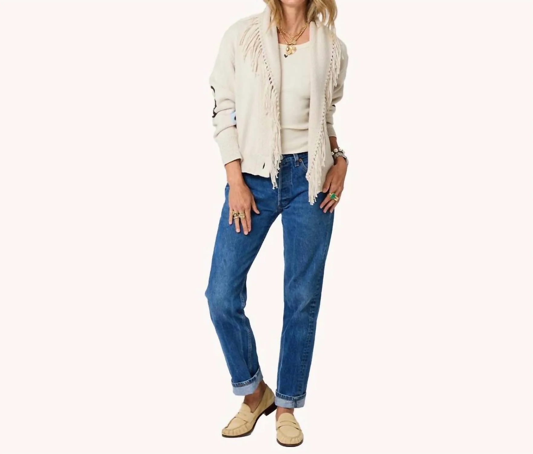 Fringe Shawl Collar Cardigan In Chalk - Image 3