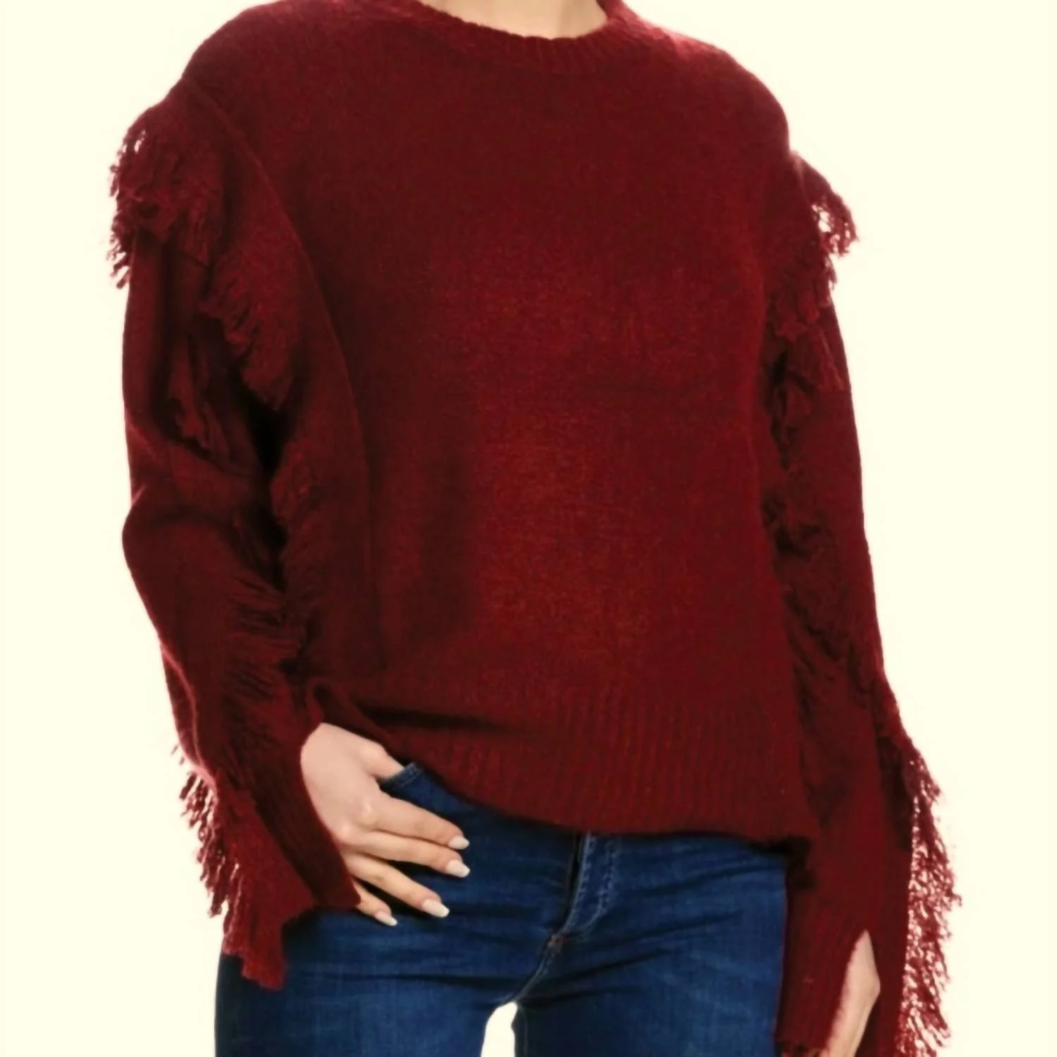Fringe Sweater In Burgandy