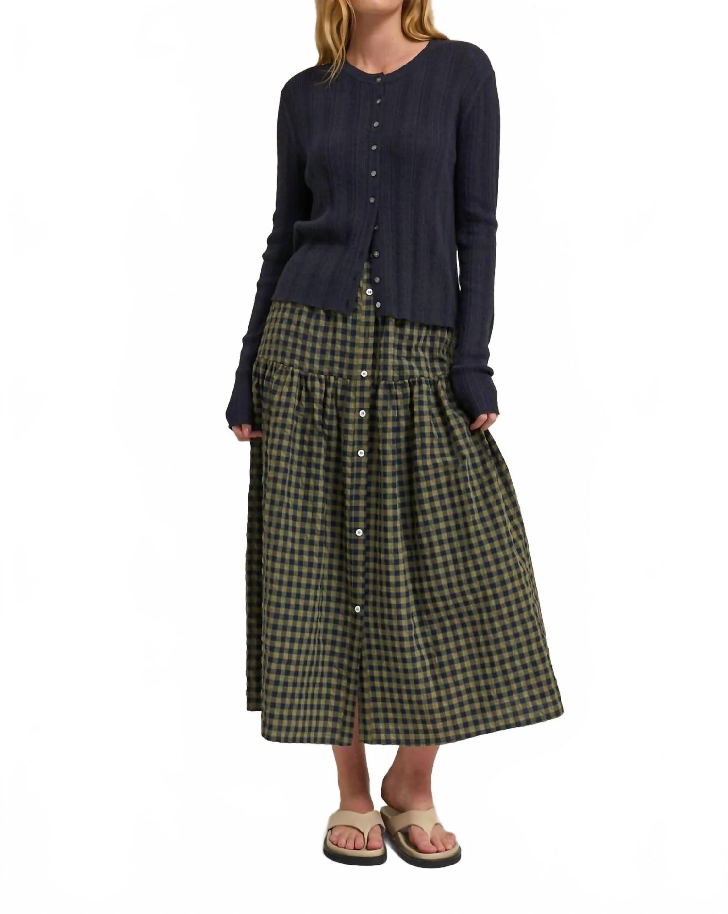 Front Button Checked Skirt In Olive