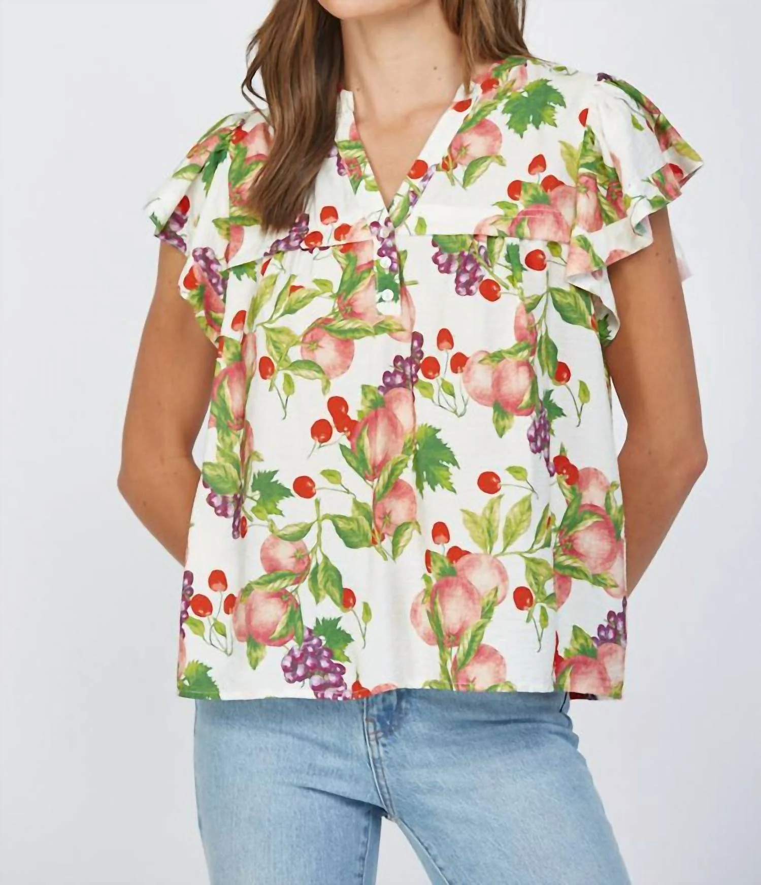 Fruit Print Flutter Sleeve Split Neck Top In Cream Multi