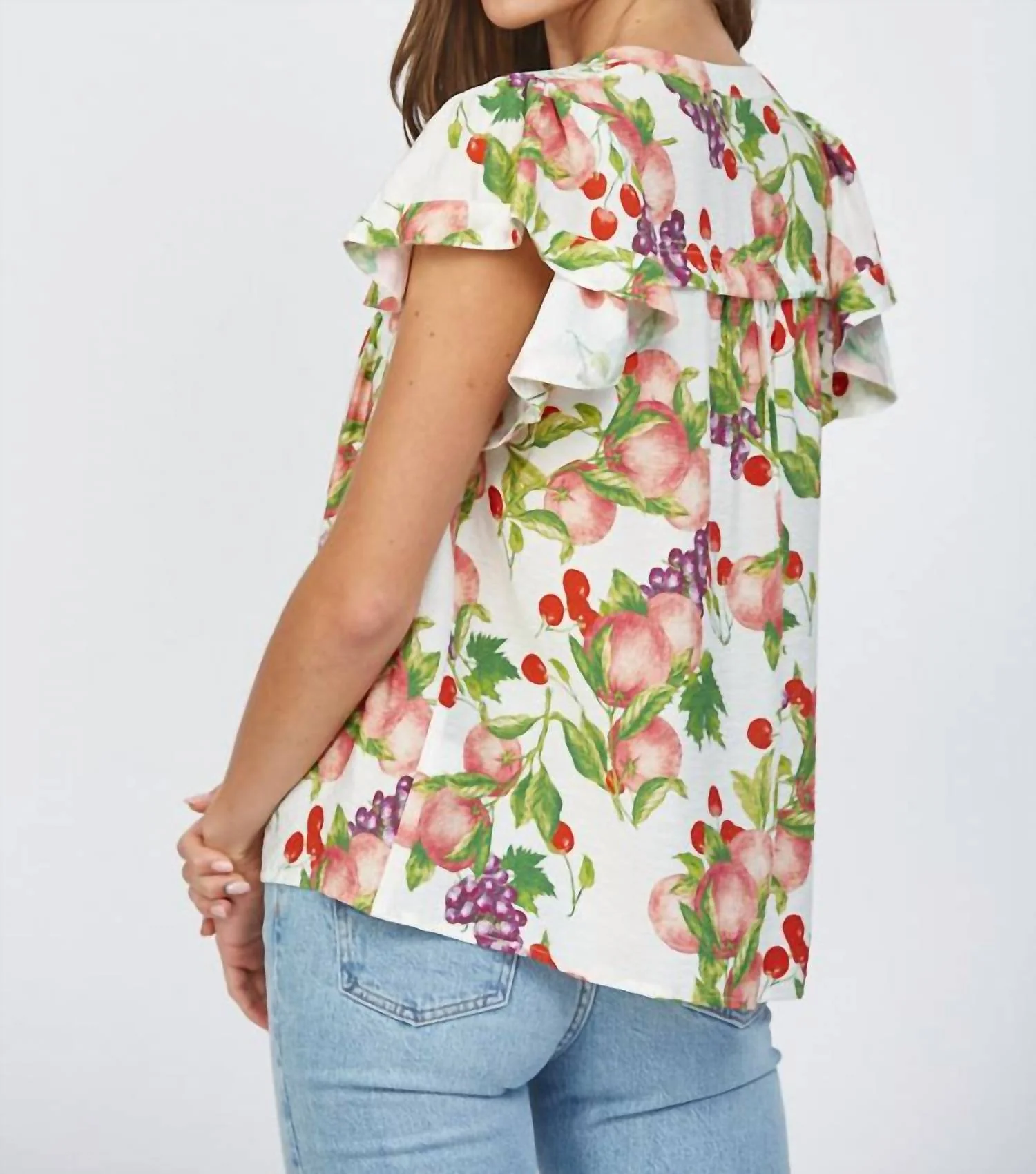 Fruit Print Flutter Sleeve Split Neck Top In Cream Multi - Image 3