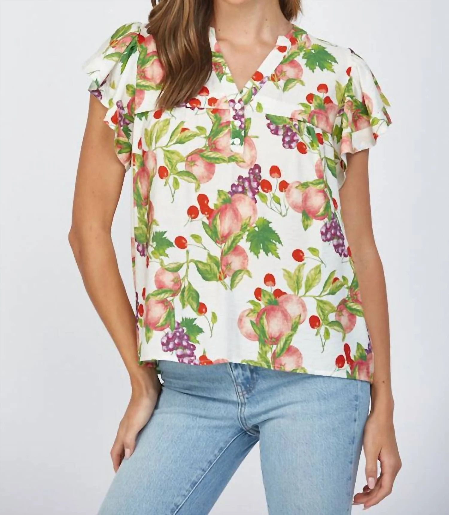 Fruit Print Flutter Sleeve Split Neck Top In Cream Multi - Image 4