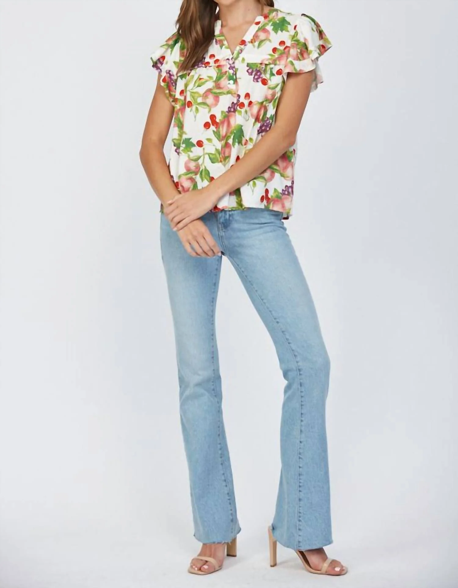 Fruit Print Flutter Sleeve Split Neck Top In Cream Multi - Image 5