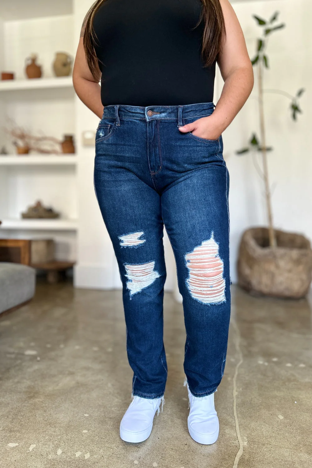 Full Size High Waist Rigid Magic Heavy Destroy Straight Jeans - Image 9