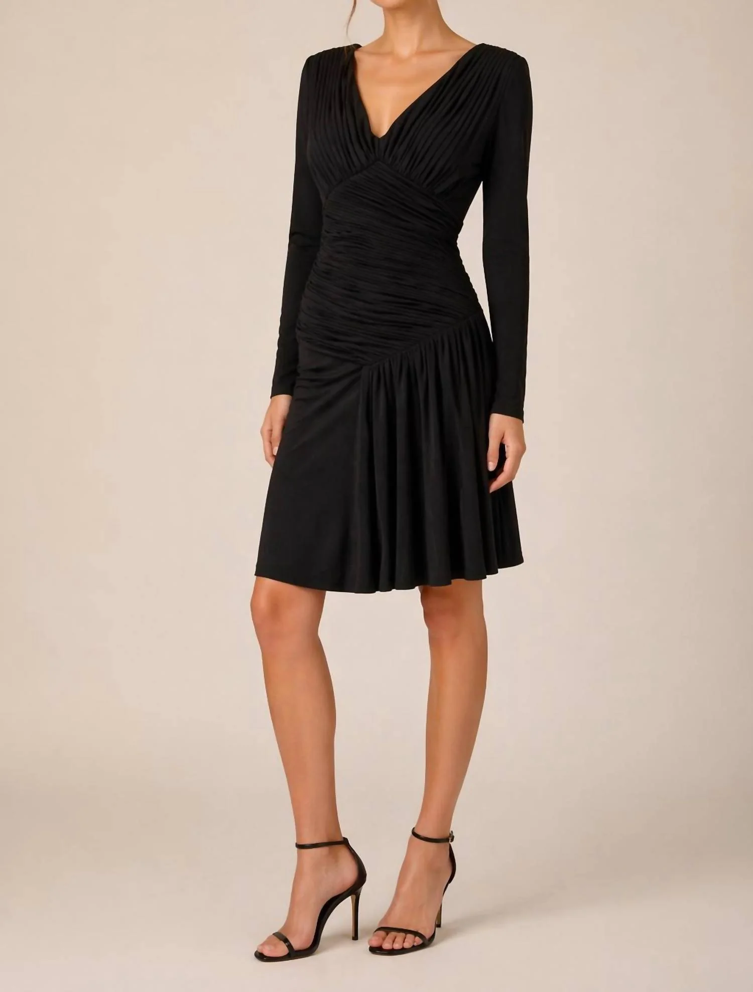 Fulvia Pleated Long Sleeve V-Neck Dress In Black