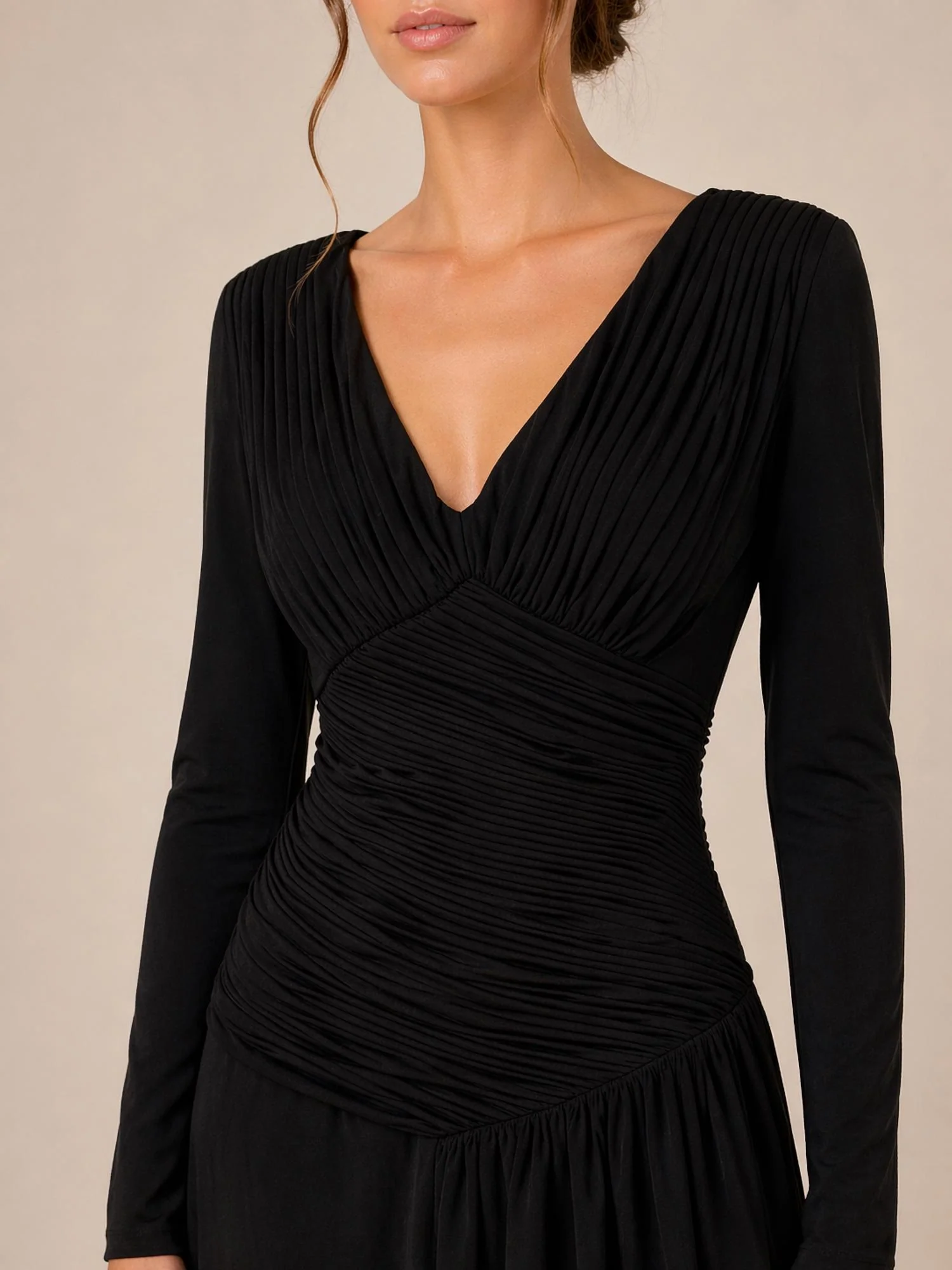 Fulvia Pleated Long Sleeve V-Neck Dress In Black - Image 3