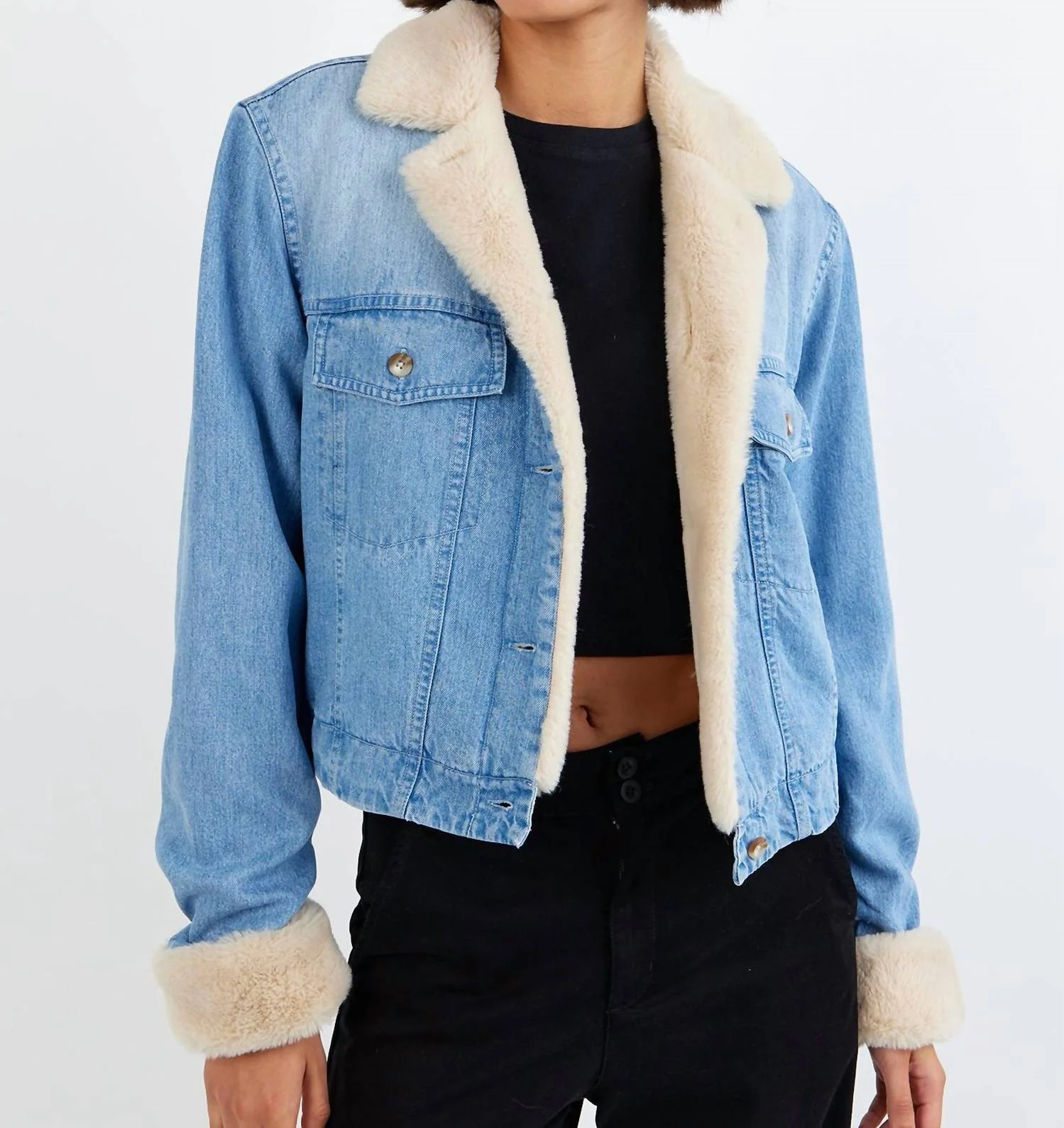 Fur Trimmed Denim Jacket In Vintage Frost Wash