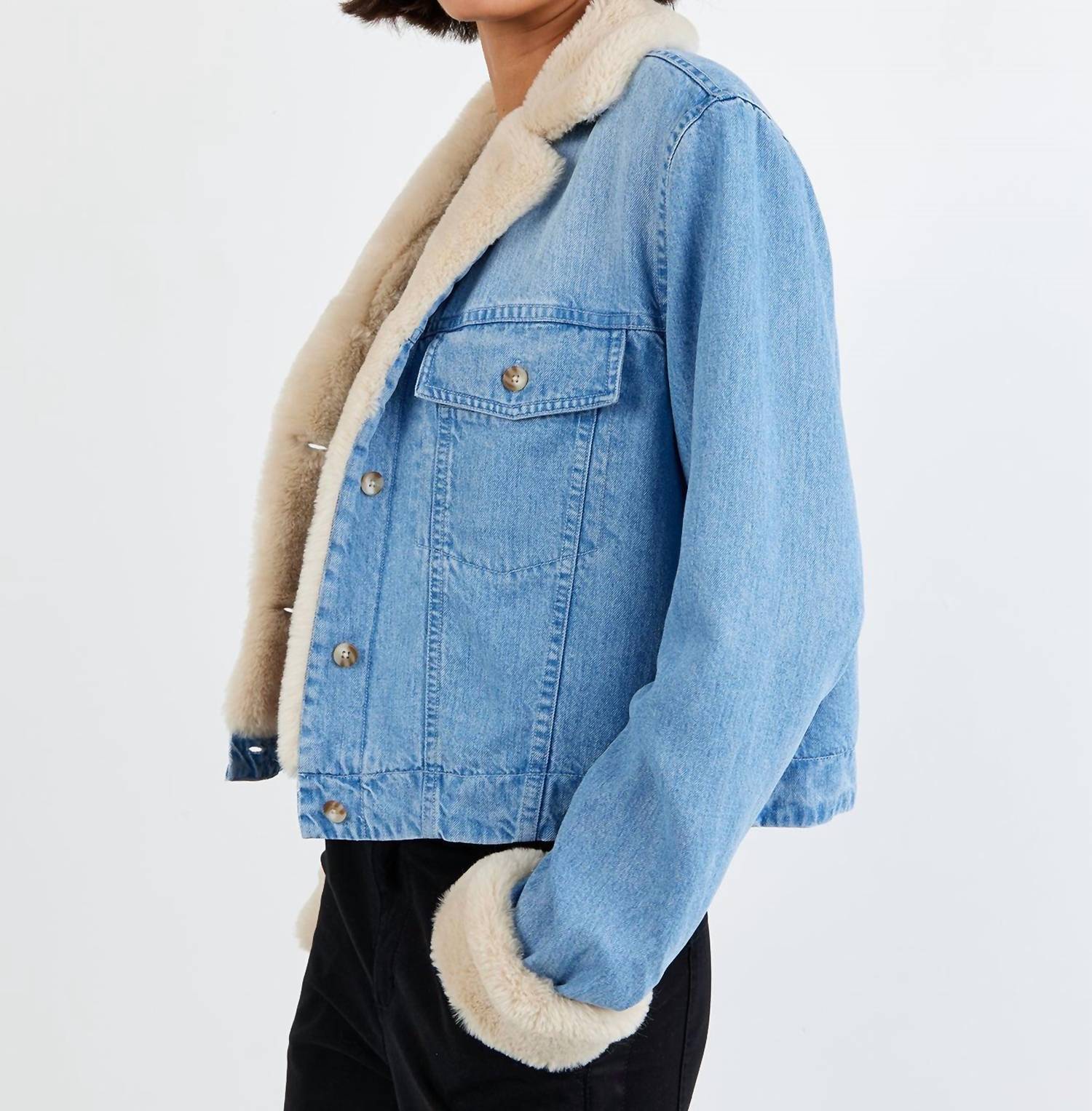 Fur Trimmed Denim Jacket In Vintage Frost Wash - Image 2