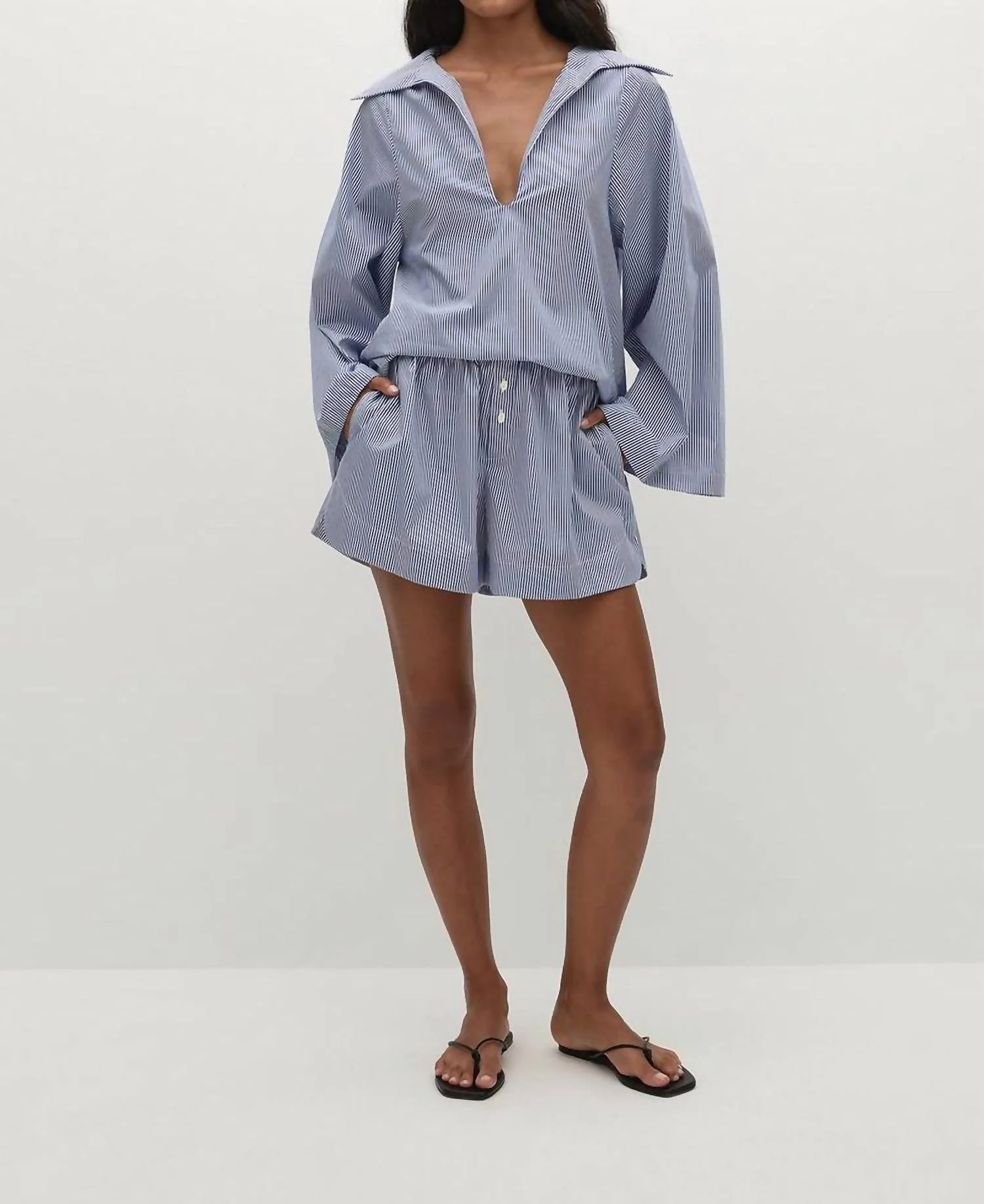 Gaia Cotton Tunic Shirt In Navy Stripe