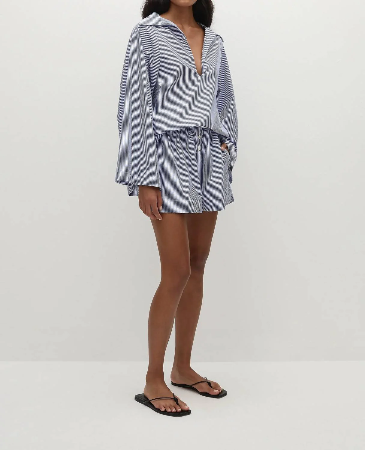Gaia Cotton Tunic Shirt In Navy Stripe - Image 2