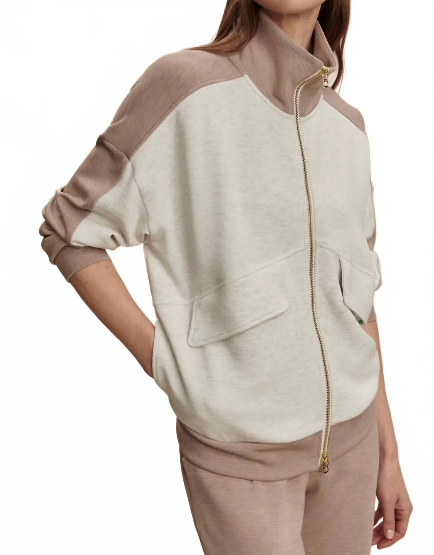 Garcia 2 Tone Zip Through Sweat In Ivory Marl / Taupe Marl