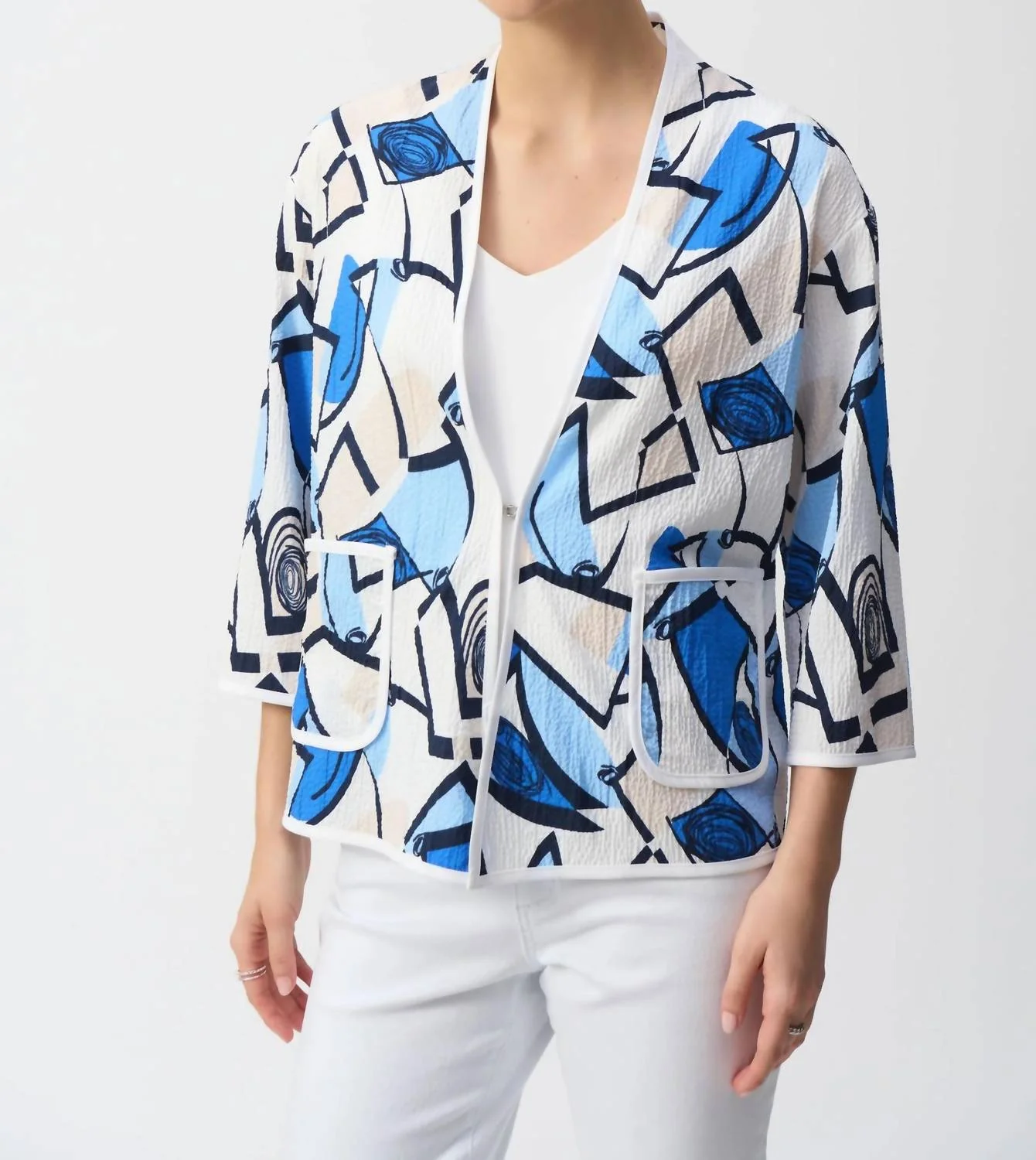 Geometric Print Crinkled Jacket In Vanilla/multi
