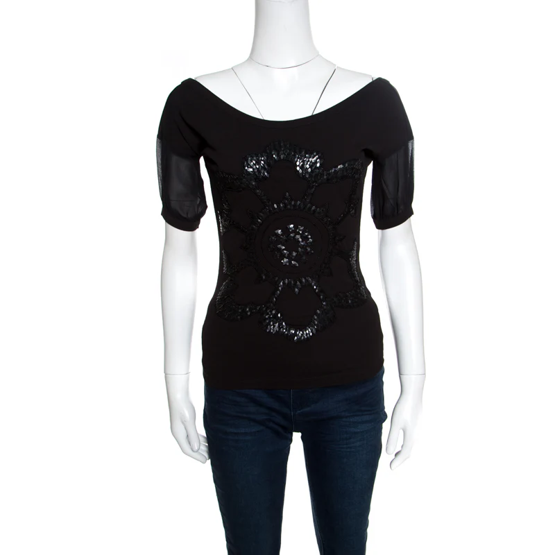 Gf Ferre Black Sequin Embellished Plunge Back Neck Top